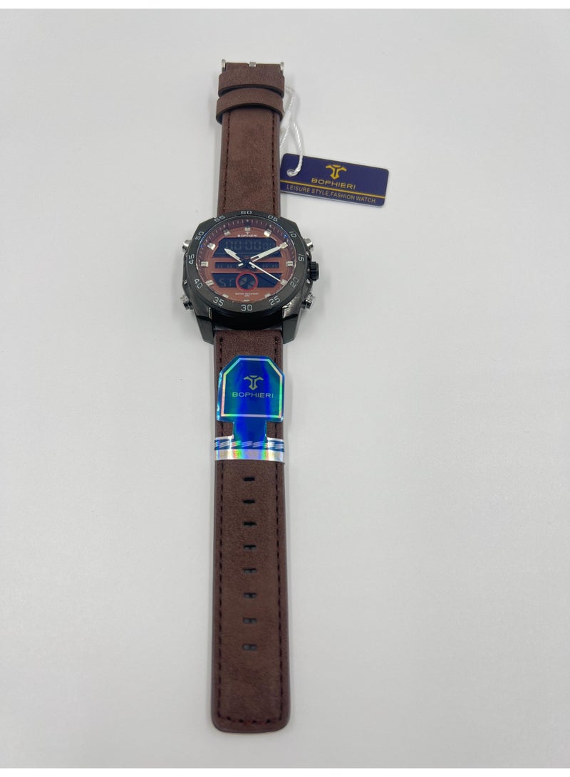 Bophieri Brown leather strap Dual dial (Analog/digital) men's watch - Image 1