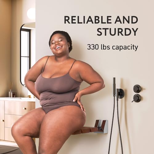 Kenley Folding Shower Seat - Teak Shower Seat Wall Mounted - 16 Inch Floating Fold Down in Shower Bench - Fold Up Bathroom Stool - Foldable Teak Wood Chair with Stainless Steel Wall Mount - 330lb Capacity - Image 5