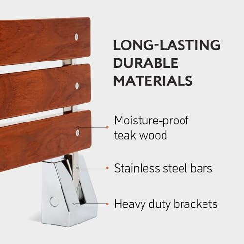 Kenley Folding Shower Seat - Teak Shower Seat Wall Mounted - 16 Inch Floating Fold Down in Shower Bench - Fold Up Bathroom Stool - Foldable Teak Wood Chair with Stainless Steel Wall Mount - 330lb Capacity - Image 3