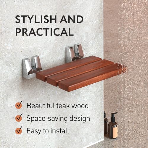 Kenley Folding Shower Seat - Teak Shower Seat Wall Mounted - 16 Inch Floating Fold Down in Shower Bench - Fold Up Bathroom Stool - Foldable Teak Wood Chair with Stainless Steel Wall Mount - 330lb Capacity - Image 2