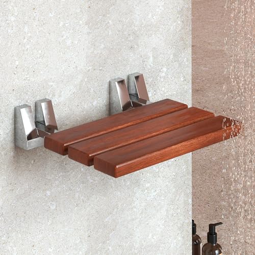 Kenley Folding Shower Seat - Teak Shower Seat Wall Mounted - 16 Inch Floating Fold Down in Shower Bench - Fold Up Bathroom Stool - Foldable Teak Wood Chair with Stainless Steel Wall Mount - 330lb Capacity - Image 1