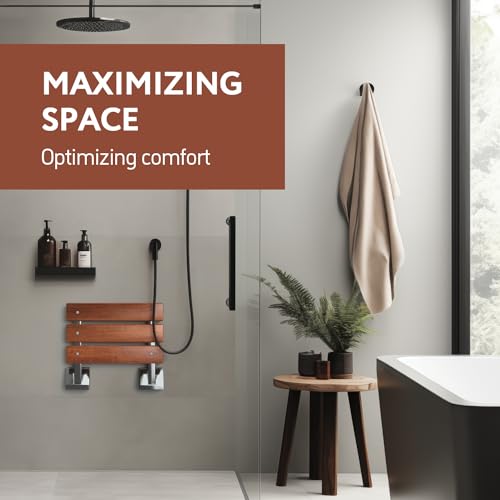 Kenley Folding Shower Seat - Teak Shower Seat Wall Mounted - 16 Inch Floating Fold Down in Shower Bench - Fold Up Bathroom Stool - Foldable Teak Wood Chair with Stainless Steel Wall Mount - 330lb Capacity - Image 4
