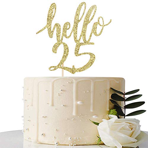 Festiko® Hello 25 Cake Topper – 25th Birthday / 25th Anniversary Party Cake Decoration, 25th Birthday / 25th Anniversary Party Decorations Supplies (Gold, Hello 25) - Image 1