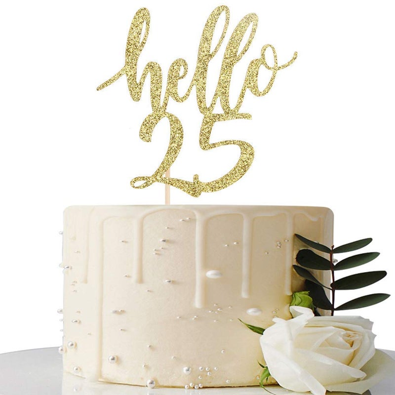 Festiko® Hello 25 Cake Topper – 25th Birthday / 25th Anniversary Party Cake Decoration, 25th Birthday / 25th Anniversary Party Decorations Supplies (Gold, Hello 25) - Image 5