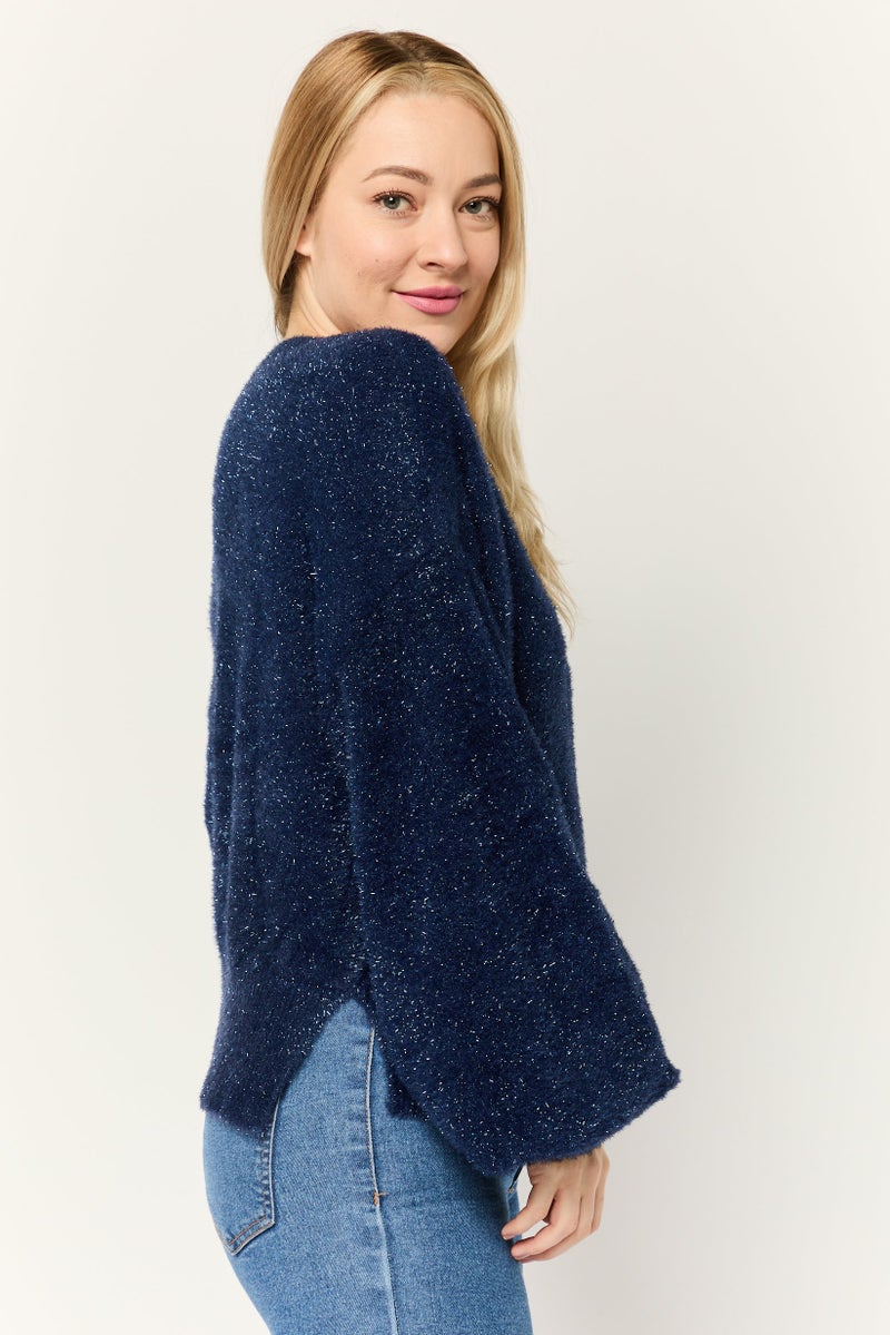 ESPRIT Women Boat Neck Long Sleeves Metallic Sweaters, Navy - Image 4