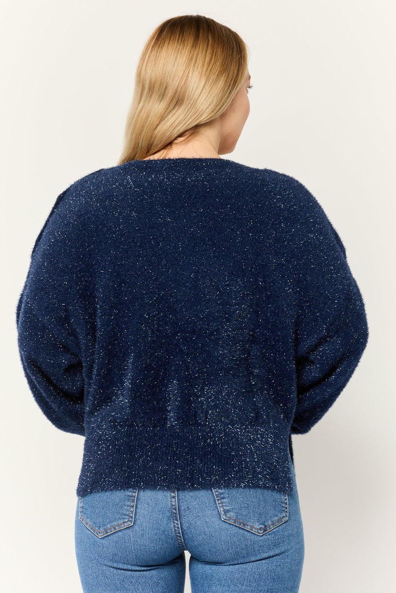 ESPRIT Women Boat Neck Long Sleeves Metallic Sweaters, Navy - Image 2