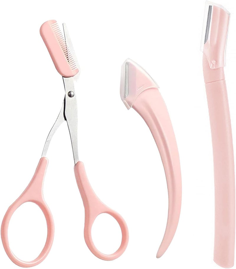 Juformin Eyebrow Trimmer Set, 3 Pcs Eyebrow Lamination Kit,Eyebrow Scissors with Comb& Curved Eyebrow Razor&Straight Eyebrow Razor,Convenient Beauty Tools for Men Women(Pink) - Image 1