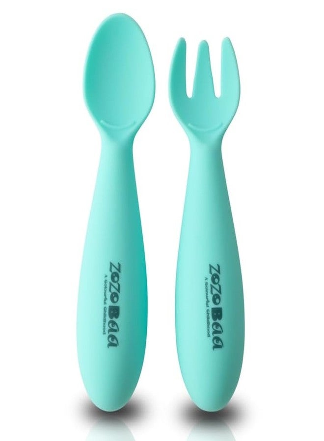 ZoZoBaa Baby Weaning Spoon & Fork Set, Chewable Silicone Utensils for Training Infants, Baby Led Self Feeding, 6 M+| Gum Friendly, BPA Free, Dishwasher Safe, Unbreakable, 1 Pair, Mint Green - Image 1