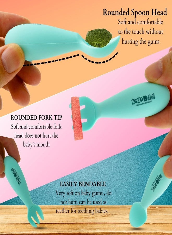 ZoZoBaa Baby Weaning Spoon & Fork Set, Chewable Silicone Utensils for Training Infants, Baby Led Self Feeding, 6 M+| Gum Friendly, BPA Free, Dishwasher Safe, Unbreakable, 1 Pair, Mint Green - Image 5
