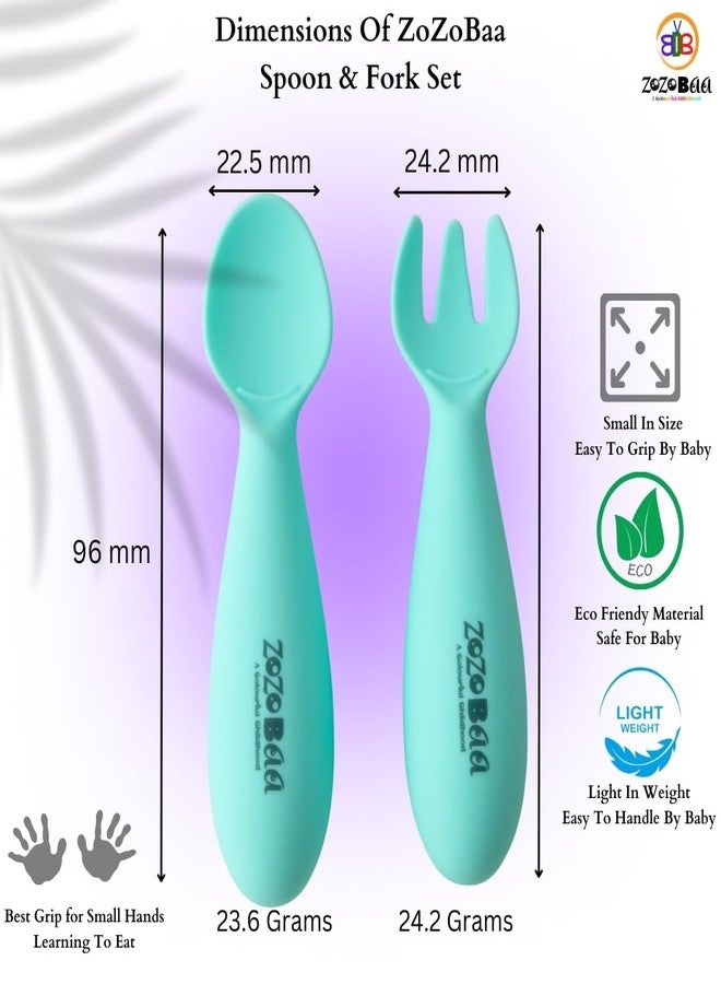 ZoZoBaa Baby Weaning Spoon & Fork Set, Chewable Silicone Utensils for Training Infants, Baby Led Self Feeding, 6 M+| Gum Friendly, BPA Free, Dishwasher Safe, Unbreakable, 1 Pair, Mint Green - Image 4