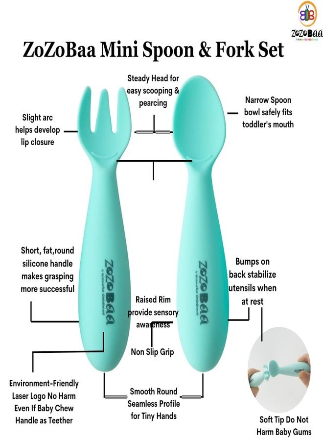 ZoZoBaa Baby Weaning Spoon & Fork Set, Chewable Silicone Utensils for Training Infants, Baby Led Self Feeding, 6 M+| Gum Friendly, BPA Free, Dishwasher Safe, Unbreakable, 1 Pair, Mint Green - Image 3