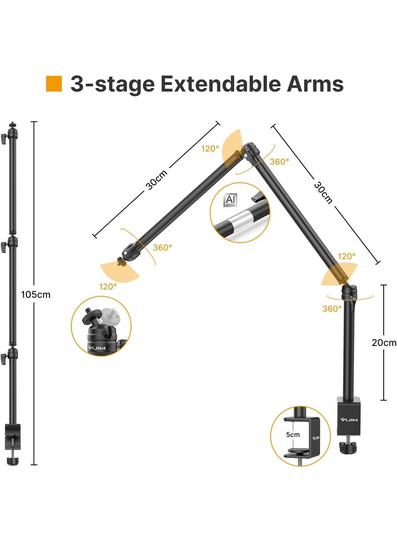 ULANZI Flexible Arm, LS08 Overhead Camera Mount, Desk Camera Stand 3 Section Pole Adjusted, Webcam Microphone Boom Arm with ¼-inch Screw, Clamp Mount for Photography, Video, Live Streaming - Image 2