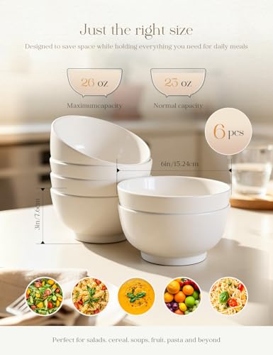 AISBUGUR Porcelain Soup Bowls Set of 6,26 oz Deep Cereal Bowls for Kitchen,White Ceramic Bowls for Breakfast-Soup,Cereal,Salad,Ramen-Microwave & Dishwasher Safe Bowls. - Image 3