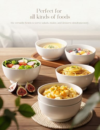 AISBUGUR Porcelain Soup Bowls Set of 6,26 oz Deep Cereal Bowls for Kitchen,White Ceramic Bowls for Breakfast-Soup,Cereal,Salad,Ramen-Microwave & Dishwasher Safe Bowls. - Image 2