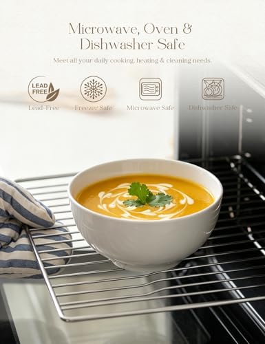 AISBUGUR Porcelain Soup Bowls Set of 6,26 oz Deep Cereal Bowls for Kitchen,White Ceramic Bowls for Breakfast-Soup,Cereal,Salad,Ramen-Microwave & Dishwasher Safe Bowls. - Image 4