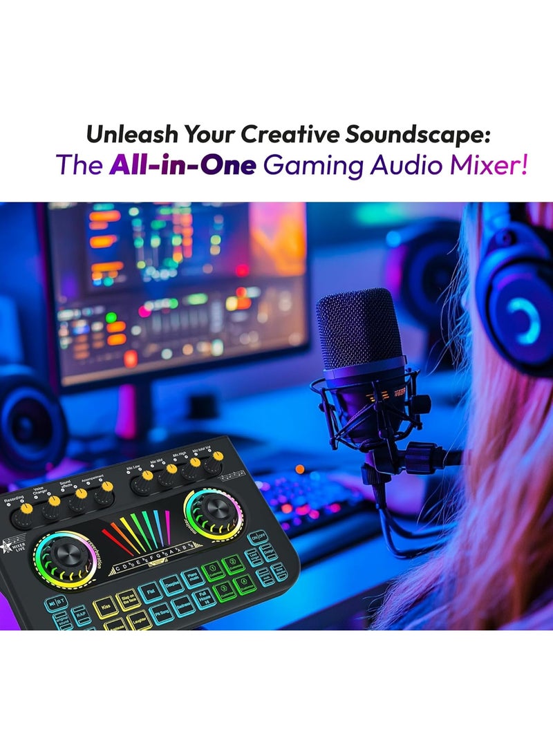 MUNTAQI Gaming Audio Mixer Sound Board – Professional RGB Live Sound Card with Voice Changer, XLR Microphone Interface, DJ Mixer, Streaming & Podcast Audio Interface for PC, Mac, Gaming, and Recording - Image 3