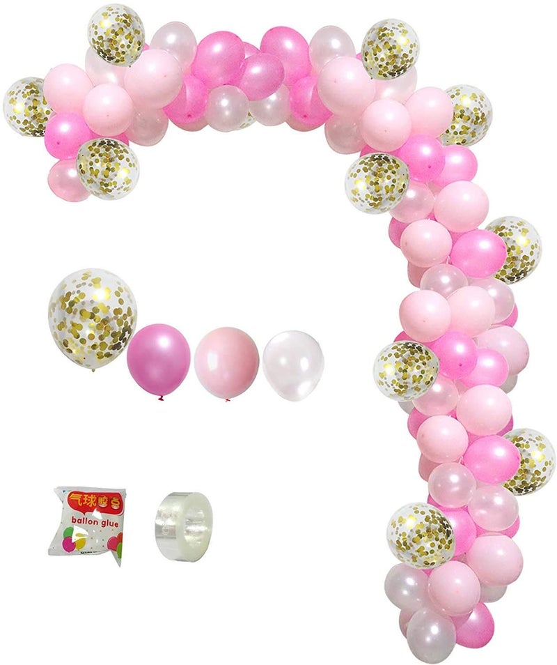 Theme My Party Balloon Arch Garland Kit, 112Pcs Party Balloons Decoration Set, Gold Confetti Balloons & White & Pink Latex Balloons for Baby Shower, Wedding, Birthday - Image 1