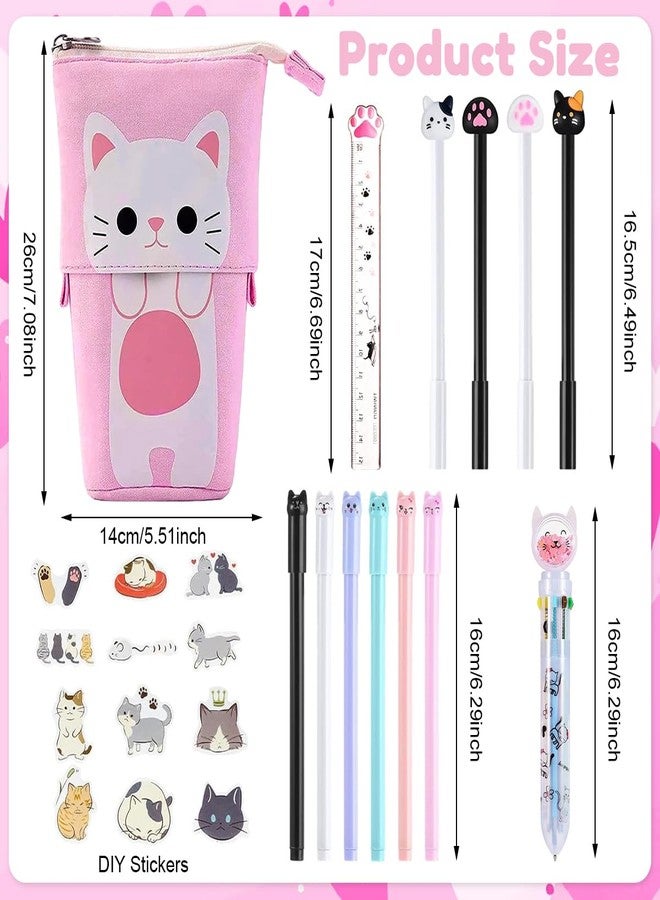 Climberty® Cute Cat Stationery Set Kawaii Pop up Pencil Case with Gel Ink Pens, Multi-Color Click Pen, Mechanical Pencil & Refills, Pencil Pouch, Ruler, Eraser & DIY Stickers for Girls & Students - Image 2