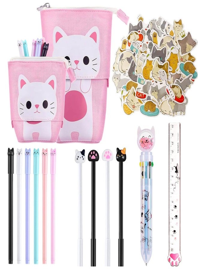 Climberty® Cute Cat Stationery Set Kawaii Pop up Pencil Case with Gel Ink Pens, Multi-Color Click Pen, Mechanical Pencil & Refills, Pencil Pouch, Ruler, Eraser & DIY Stickers for Girls & Students - Image 1
