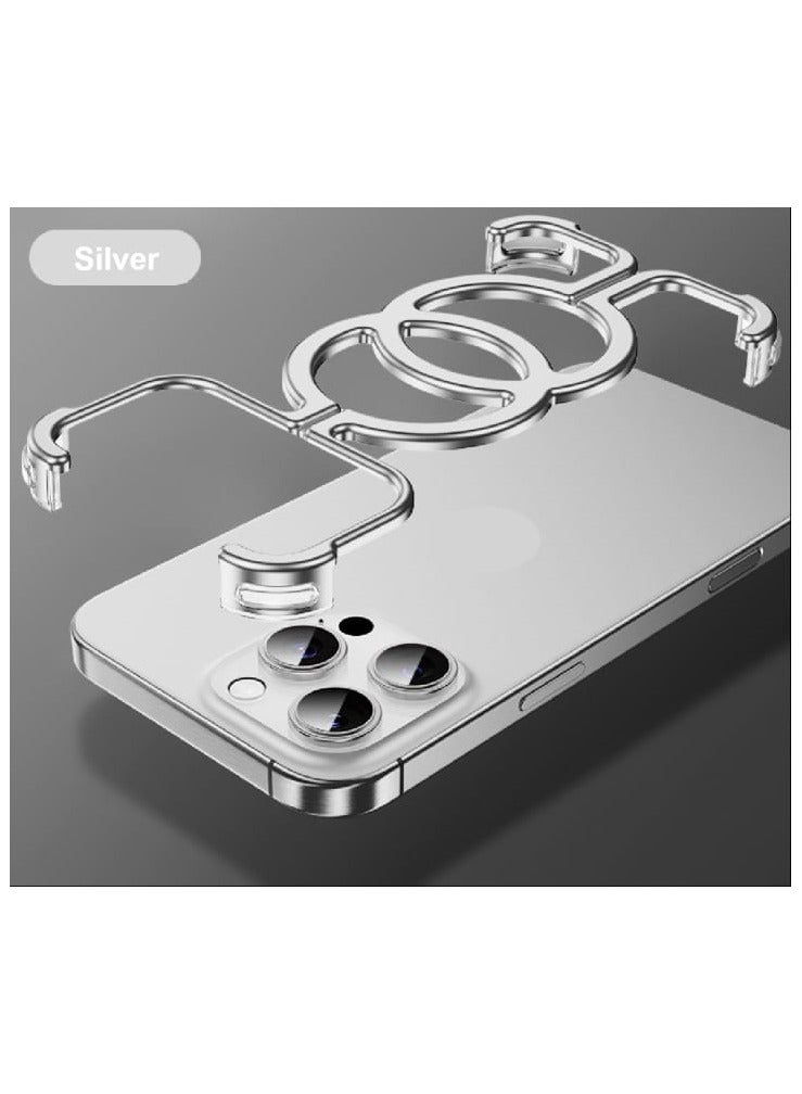 جراب بدون إطار لهاتف iPhone 16 Pro Max، متوافق مع MagSafe، تصميم معدني مجوف لتبديد الحرارة، جراب مغناطيسي أنيق وبسيط ومضاد للصدمات، نحيف وخفيف الوزن، فضي - Image 1