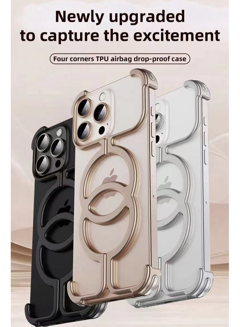 جراب بدون إطار لهاتف iPhone 16 Pro Max، متوافق مع MagSafe، تصميم معدني مجوف لتبديد الحرارة، جراب مغناطيسي أنيق وبسيط ومضاد للصدمات، نحيف وخفيف الوزن، فضي - Image 3