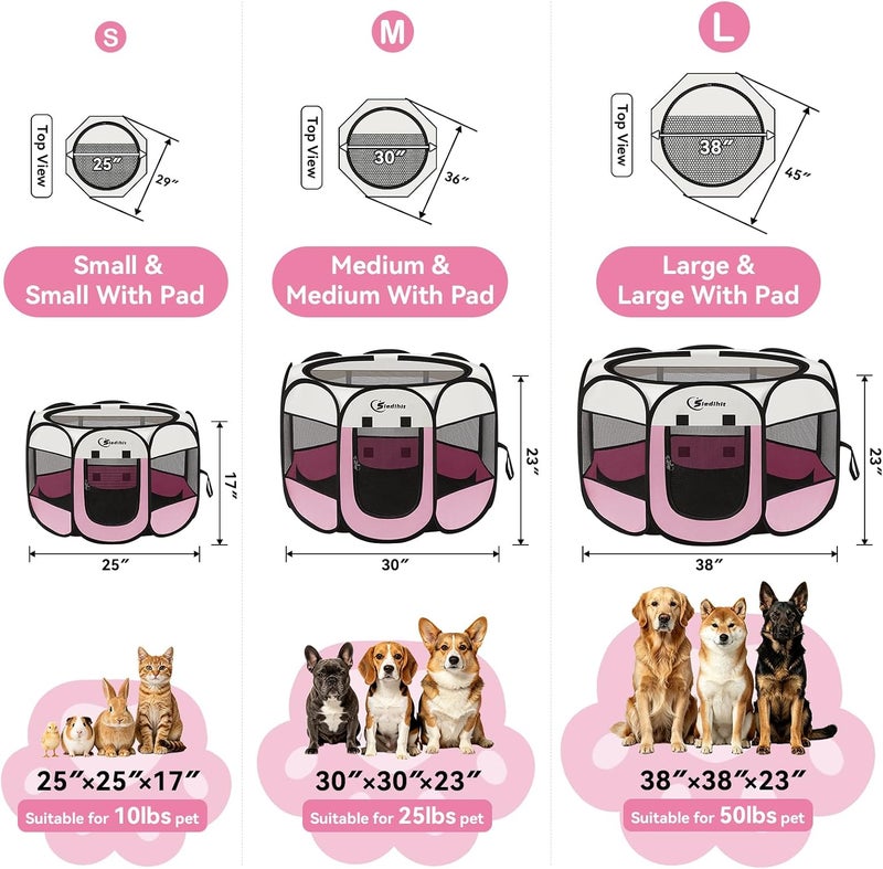 Siedihit Pink Puppy Playpen for Middle Dog Cat, Dog Tent Crates Cage Indoor/Outdoor, Portable Pop Up Dog Kennel with Carrying Bag for Rabbits, Removable Top (Pink, Medium (36" x 36" x 23")) - Image 2