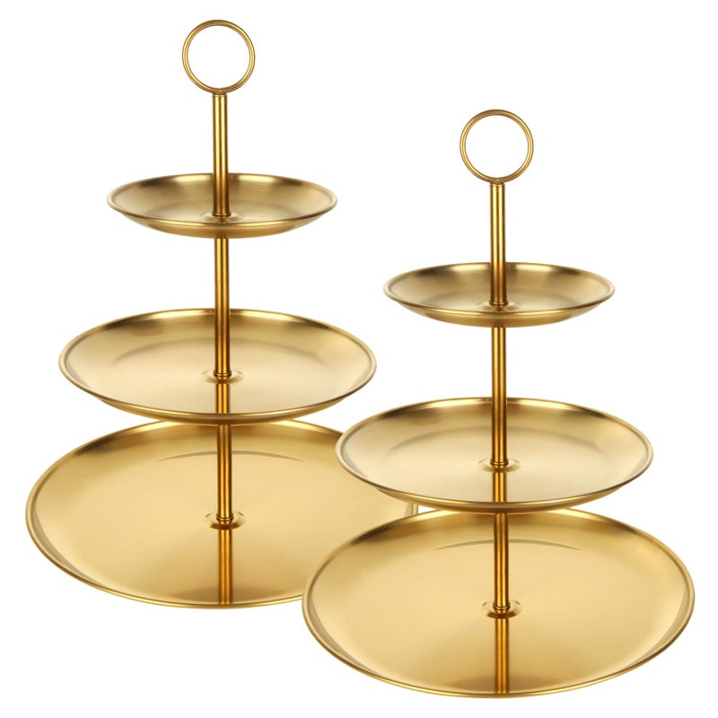QTLCOHD 2Pcs 3 Tier Gold Cupcake Stand Stainless Steel Cupcake Tower Gold Tiered Dessert Stand Cup Cake Tier Stand Gold Serving Tray for Wedding Birthday Party - Image 1