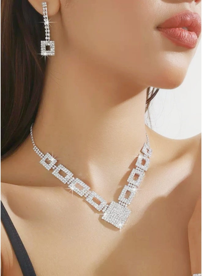 DINGKA 2 Pcs Necklace Earrings Set Flowers Charm Layered Chain Ear Dangle Bridal Evening Dress Accessories for Women Silver/Clear - Image 1