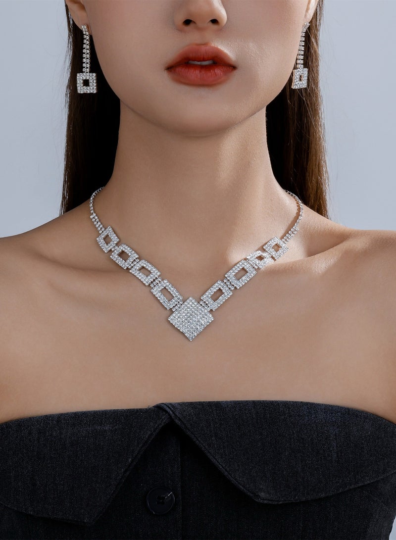 DINGKA 2 Pcs Necklace Earrings Set Flowers Charm Layered Chain Ear Dangle Bridal Evening Dress Accessories for Women Silver/Clear - Image 4