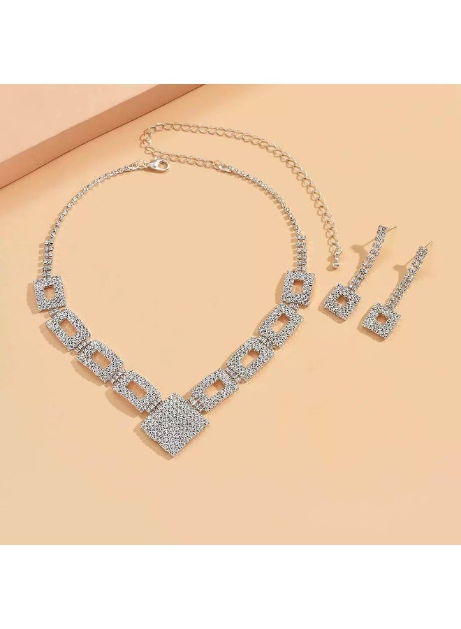 DINGKA 2 Pcs Necklace Earrings Set Flowers Charm Layered Chain Ear Dangle Bridal Evening Dress Accessories for Women Silver/Clear - Image 2