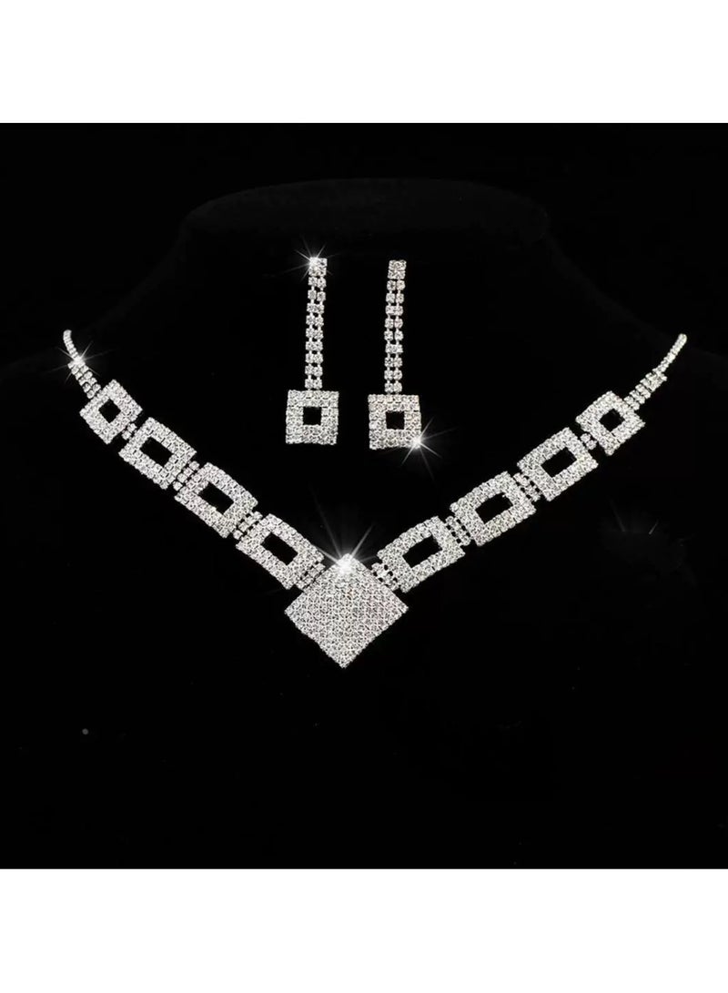 DINGKA 2 Pcs Necklace Earrings Set Flowers Charm Layered Chain Ear Dangle Bridal Evening Dress Accessories for Women Silver/Clear - Image 3
