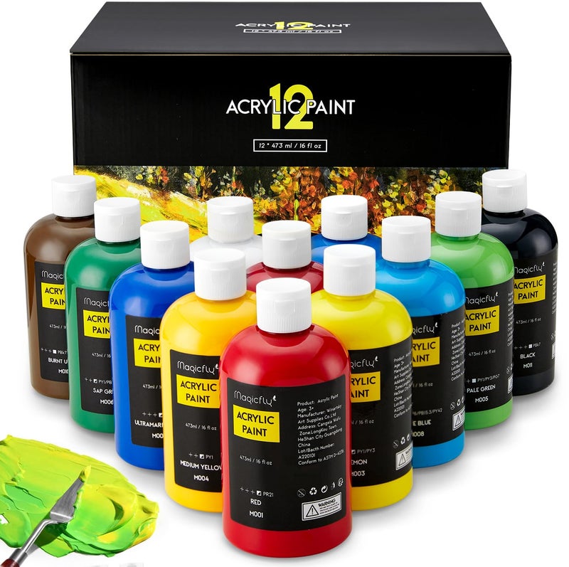 Magicfly Acrylic Paint 12 Colours/473ml, Large Bottles Acrylic Paint Set Rich Pigment Colours for Artists, Beginners, Amateurs on Glass, Stone, Canvas, Wood, Craft - Image 1
