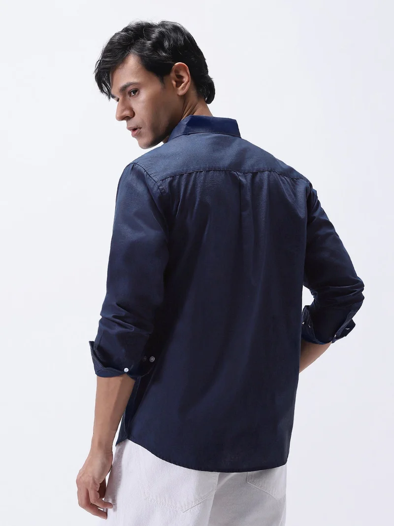 Urbano Fashion  Urbano Fashion Men's Navy Cotton Full Sleeve Regular Fit Casual Solid Slub Shirt with Spread Collar  | Best Price UAE