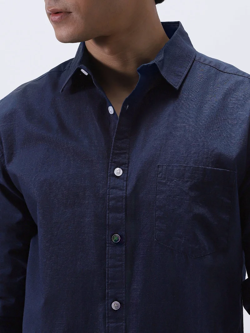Urbano Fashion  Urbano Fashion Men's Navy Cotton Full Sleeve Regular Fit Casual Solid Slub Shirt with Spread Collar  | Best Price UAE