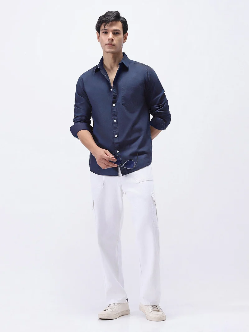 Urbano Fashion  Urbano Fashion Men's Navy Cotton Full Sleeve Regular Fit Casual Solid Slub Shirt with Spread Collar  | Best Price UAE