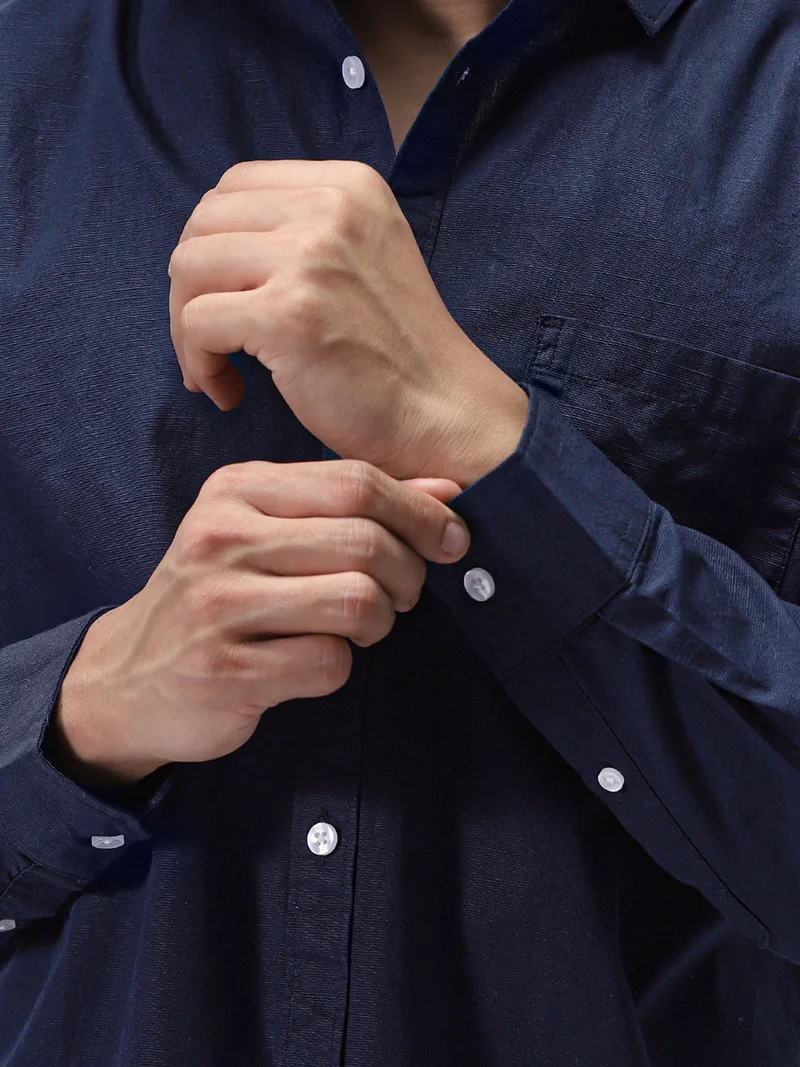 Urbano Fashion  Urbano Fashion Men's Navy Cotton Full Sleeve Regular Fit Casual Solid Slub Shirt with Spread Collar  | Best Price UAE