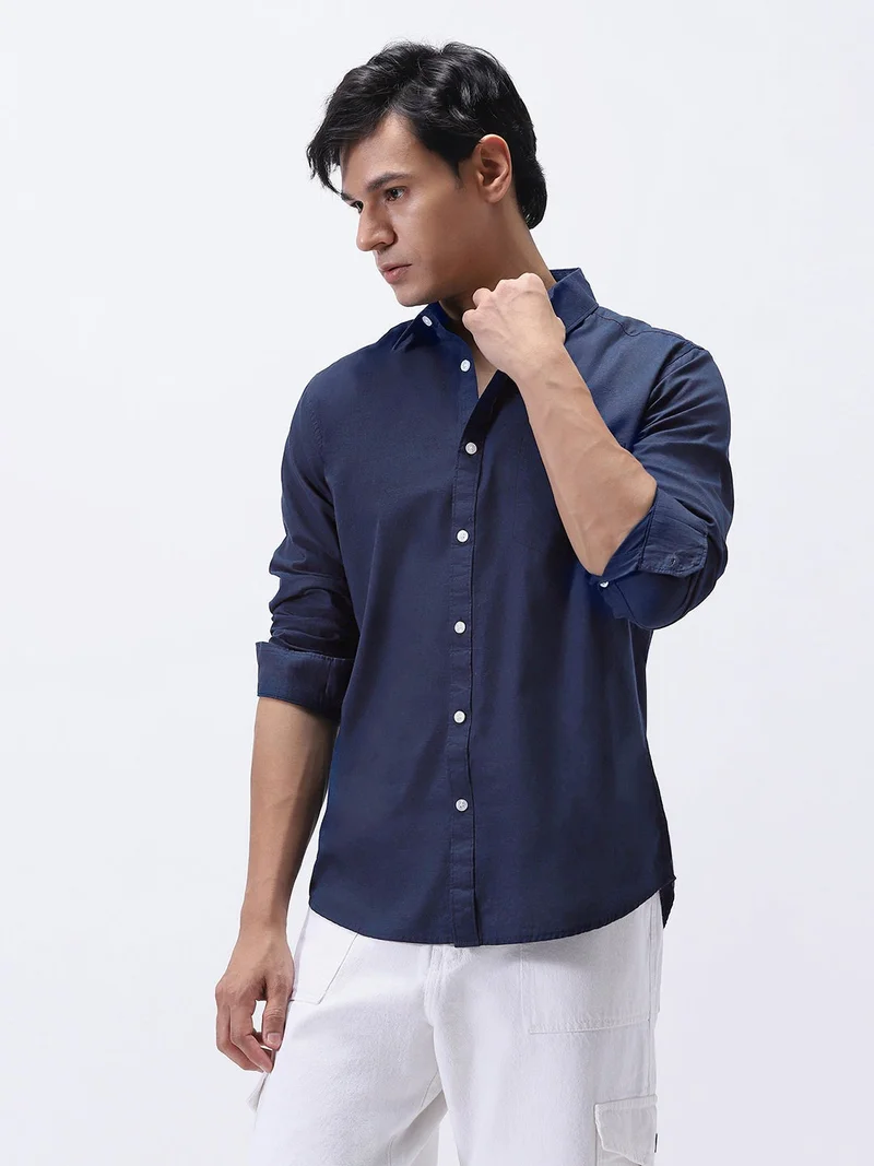Urbano Fashion Men's Navy Cotton Full Sleeve Regular Fit Casual Solid Slub Shirt with Spread Collar