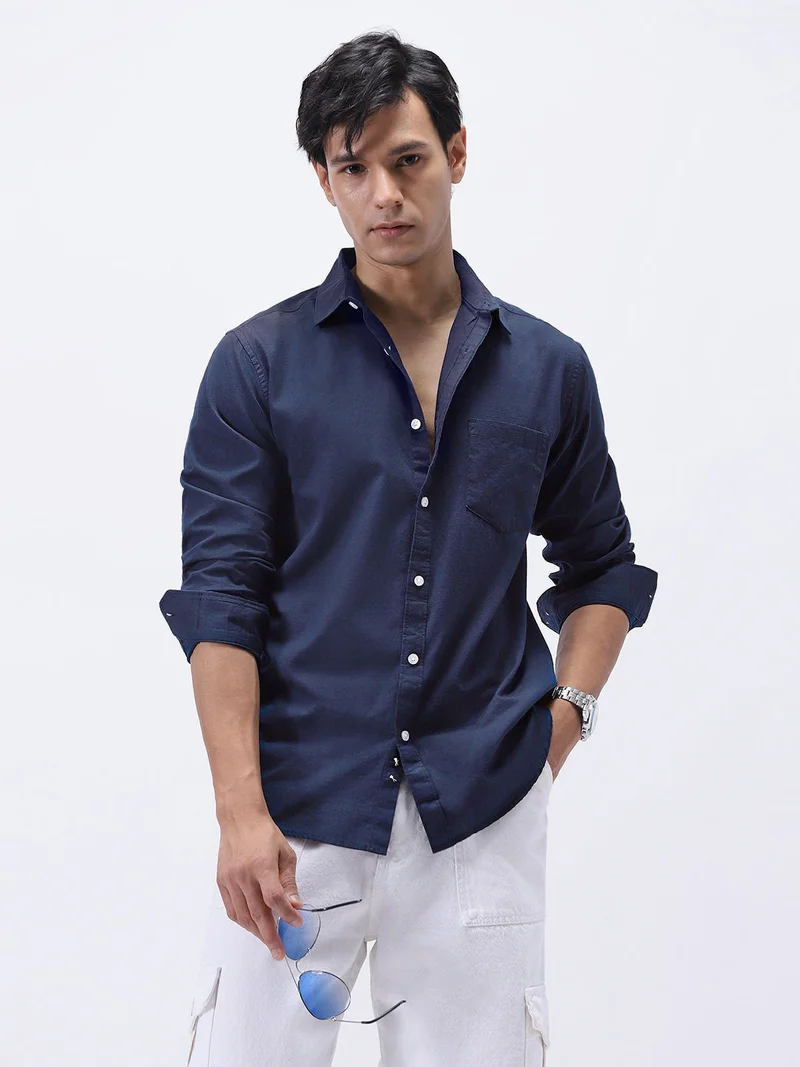 Urbano Fashion  Urbano Fashion Men's Navy Cotton Full Sleeve Regular Fit Casual Solid Slub Shirt with Spread Collar  | Best Price UAE