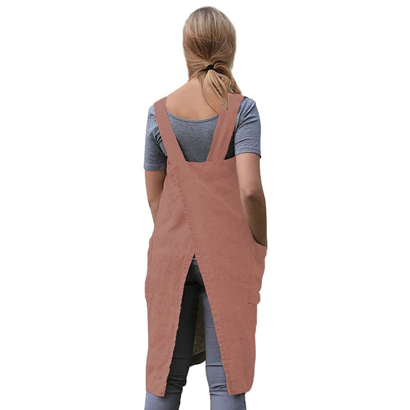 Larmliss Women 's Pinafore Square Apron Baking Cooking Gardening Works Cross Back Cotton/Linen Blend Dress with 2 Pockets Salmon Pink-M - Image 3