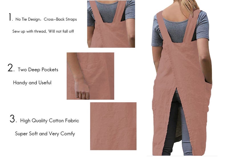 Larmliss Women 's Pinafore Square Apron Baking Cooking Gardening Works Cross Back Cotton/Linen Blend Dress with 2 Pockets Salmon Pink-M - Image 2