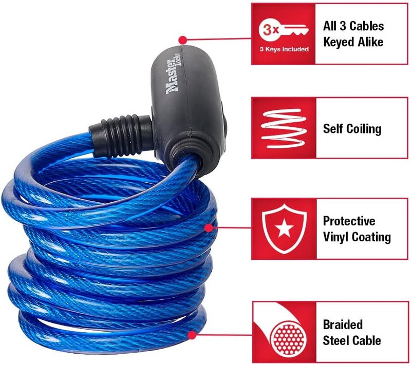 Master Lock 8127TRI Keyed Bike Lock Cables - 3 Pack with Colorful Braided Steel Cables - Image 2