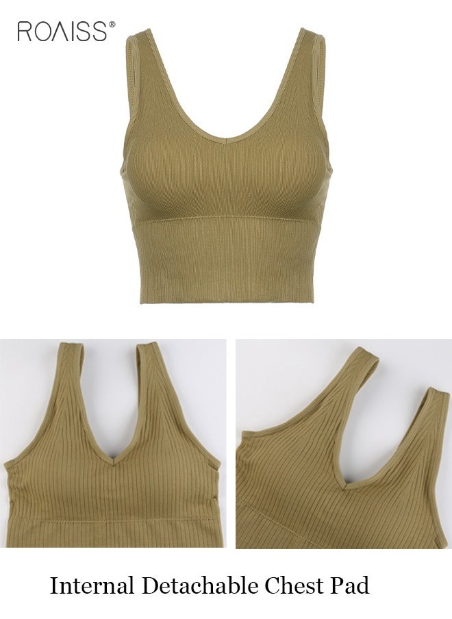roaiss - Women's Padded Sports Underwear Classic V Neck Sleeveless Top Pullover High Elastic Tank Top Classic Solid Versatile Tank Top - Image 1