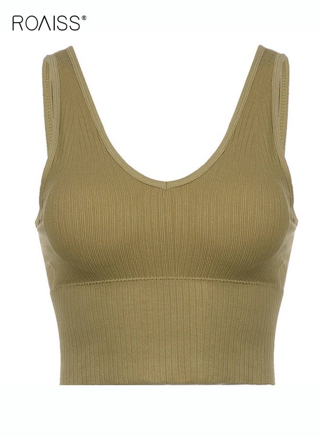 roaiss - Women's Padded Sports Underwear Classic V Neck Sleeveless Top Pullover High Elastic Tank Top Classic Solid Versatile Tank Top - Image 1