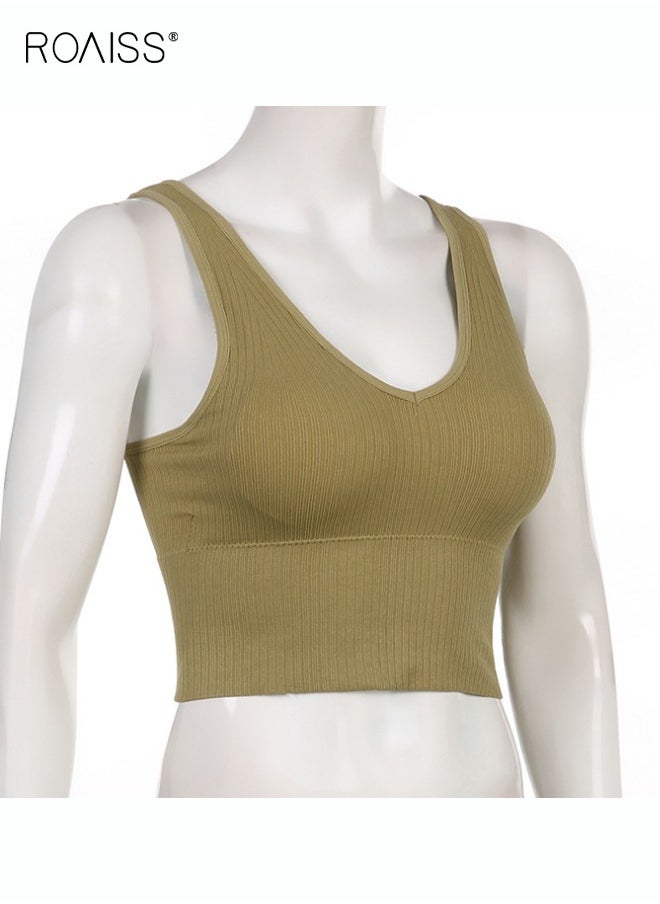 roaiss - Women's Padded Sports Underwear Classic V Neck Sleeveless Top Pullover High Elastic Tank Top Classic Solid Versatile Tank Top - Image 1