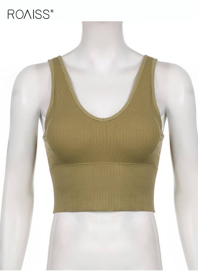 roaiss - Women's Padded Sports Underwear Classic V Neck Sleeveless Top Pullover High Elastic Tank Top Classic Solid Versatile Tank Top - Image 1