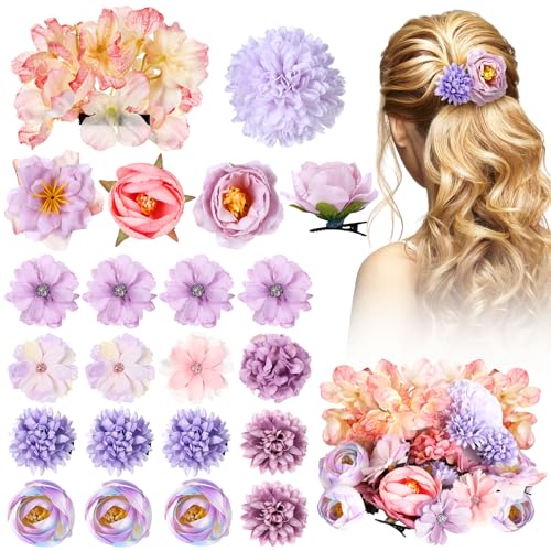 BBTO 21 Pcs Flower Hair Clip Rose Hair Clips Barrettes for Women Flower Accessories Boho Bride Claw Clip Hairpin Brooch Pin Headpiece for Wedding(Purple) - Image 1