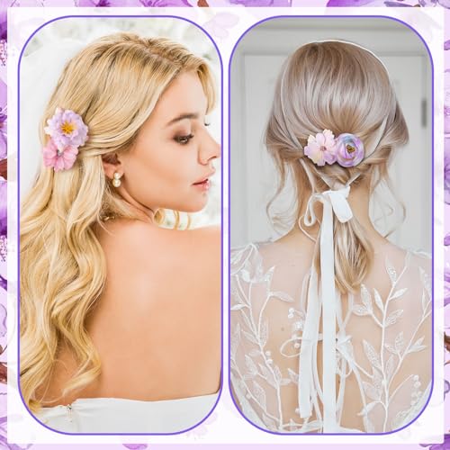 BBTO 21 Pcs Flower Hair Clip Rose Hair Clips Barrettes for Women Flower Accessories Boho Bride Claw Clip Hairpin Brooch Pin Headpiece for Wedding(Purple) - Image 4