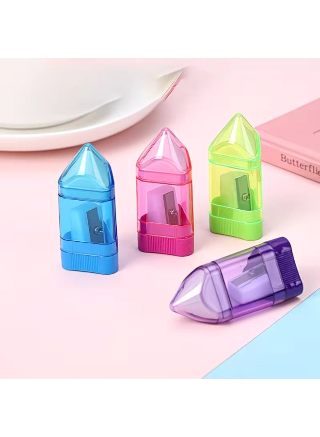 Manual pencil sharpener, 4 pieces, with eraser - Triangular, single-hole manual pencil sharpener with reservoir and eraser, suitable for school, office, and home. - Image 1