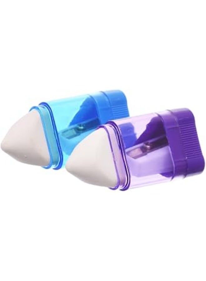 Manual pencil sharpener, 4 pieces, with eraser - Triangular, single-hole manual pencil sharpener with reservoir and eraser, suitable for school, office, and home. - Image 2