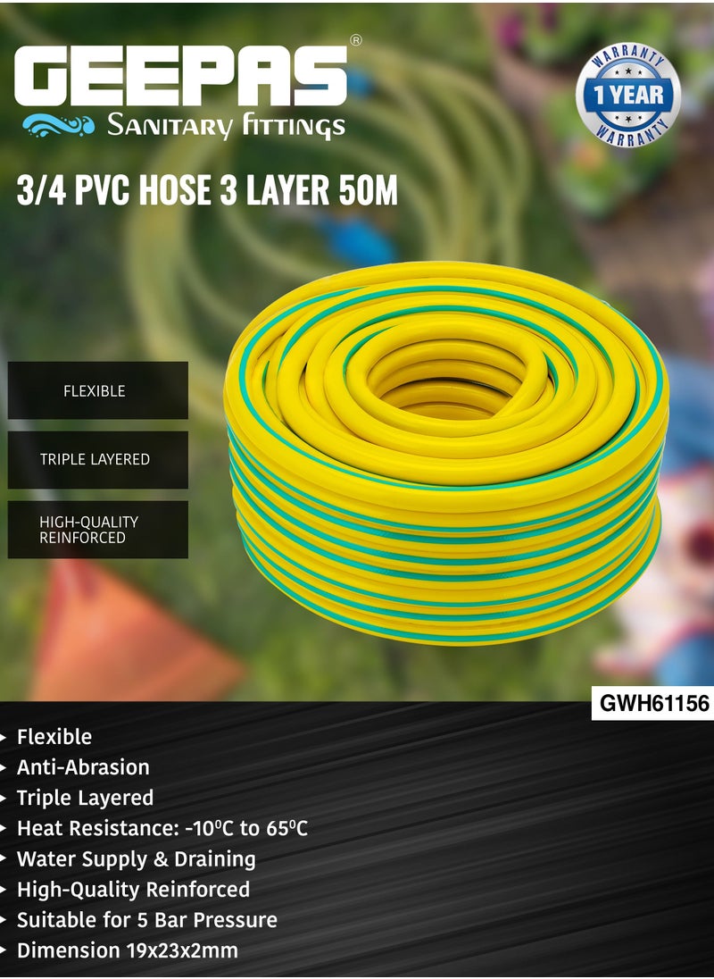 GEEPAS - Geepas 3/4 PVC Hose GWH61156, 50 M, 3-Layer Construction with High Flexibility, Ideal for Water Supply, Gardening, Watering, Cleaning and other Outdoor and Indoor Uses| Suitable for 5 Bar Pressure - Image 1